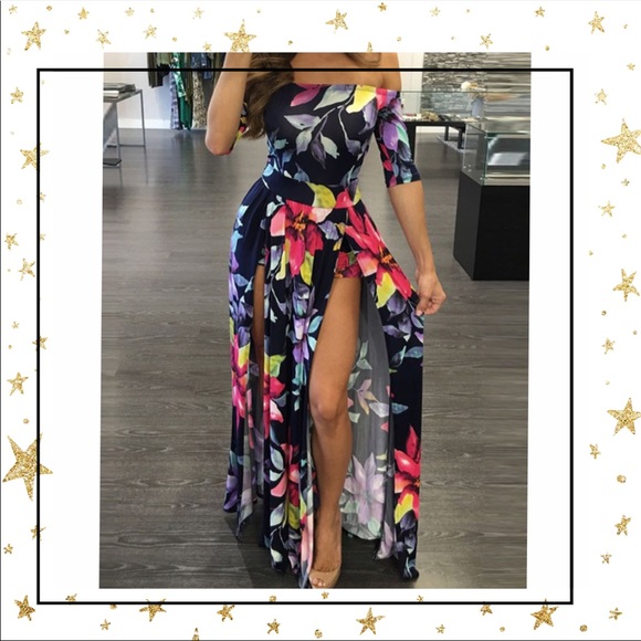 Dresses & Skirts - Floral Boho Maxi Dress off shoulder side slit XL